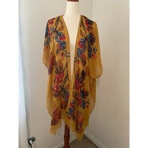 Woven Heart Sheer Kimono Women’s Size Large Yellow Floral Boho Festival Fall